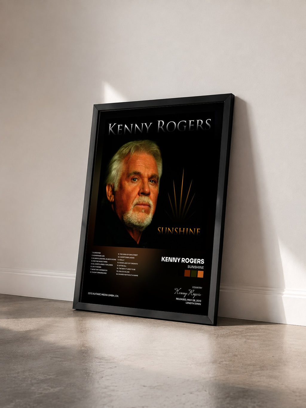 #noir Tableau de l'album Sunshine de Kenny Rogers vu de trois quarts, cadre noir