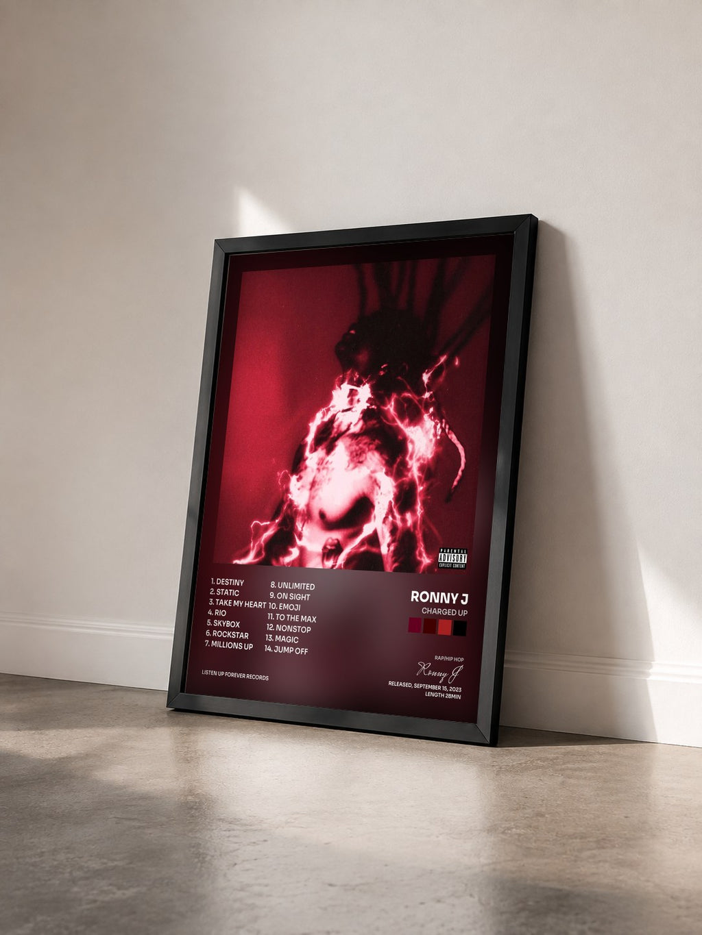 #noir Tableau de l'album CHARGED UP de Ronny J vu de trois quarts, cadre noir