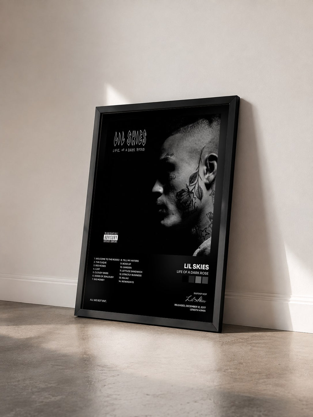 #noir Tableau de l'album Life of a Dark Rose de Lil Skies vu de trois quarts, cadre noir