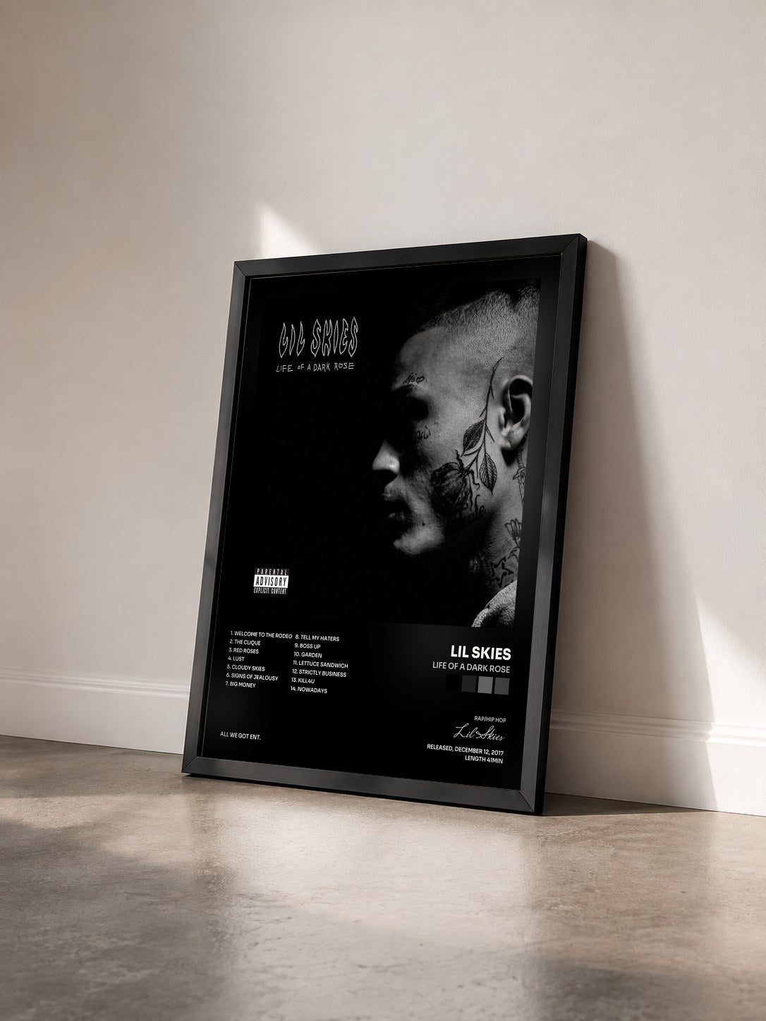 #noir Tableau de l'album Life of a Dark Rose de Lil Skies vu de trois quarts, cadre noir