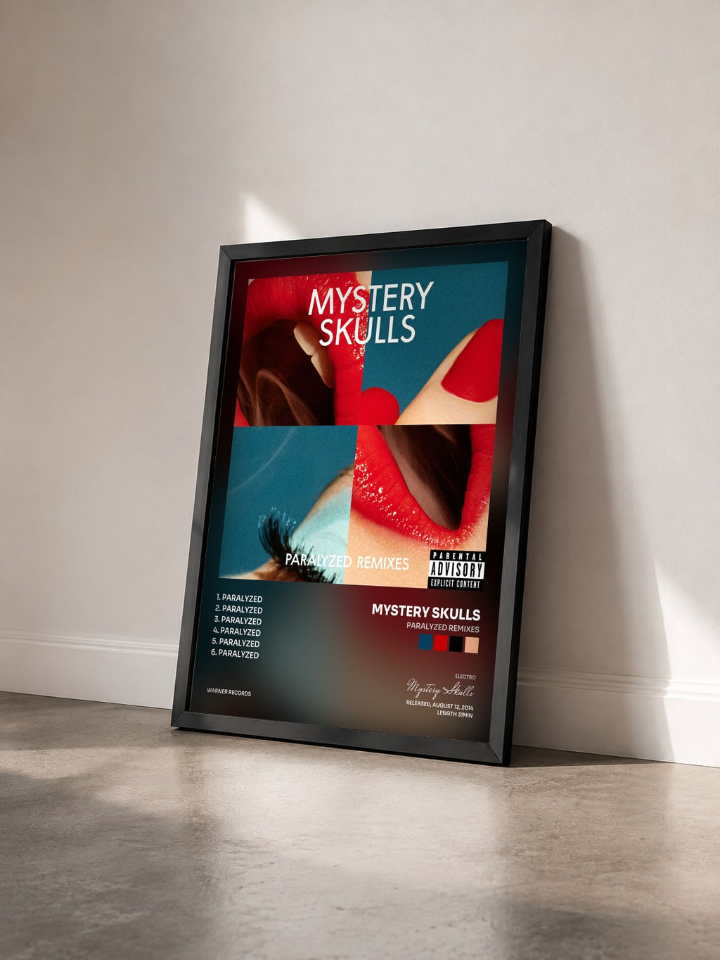 #noir Tableau de l'album Paralyzed Remixes de Mystery Skulls vu de trois quarts, cadre noir