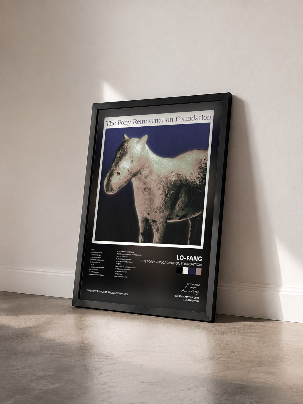 #noir Tableau de l'album The Pony Reincarnation Foundation de Lo-Fang vu de trois quarts, cadre noir