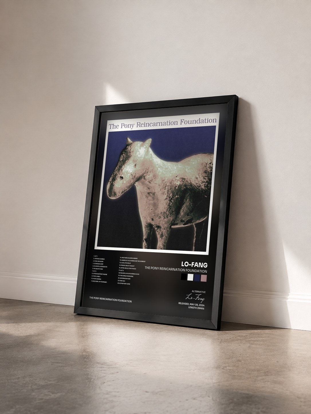 #noir Tableau de l'album The Pony Reincarnation Foundation de Lo-Fang vu de trois quarts, cadre noir
