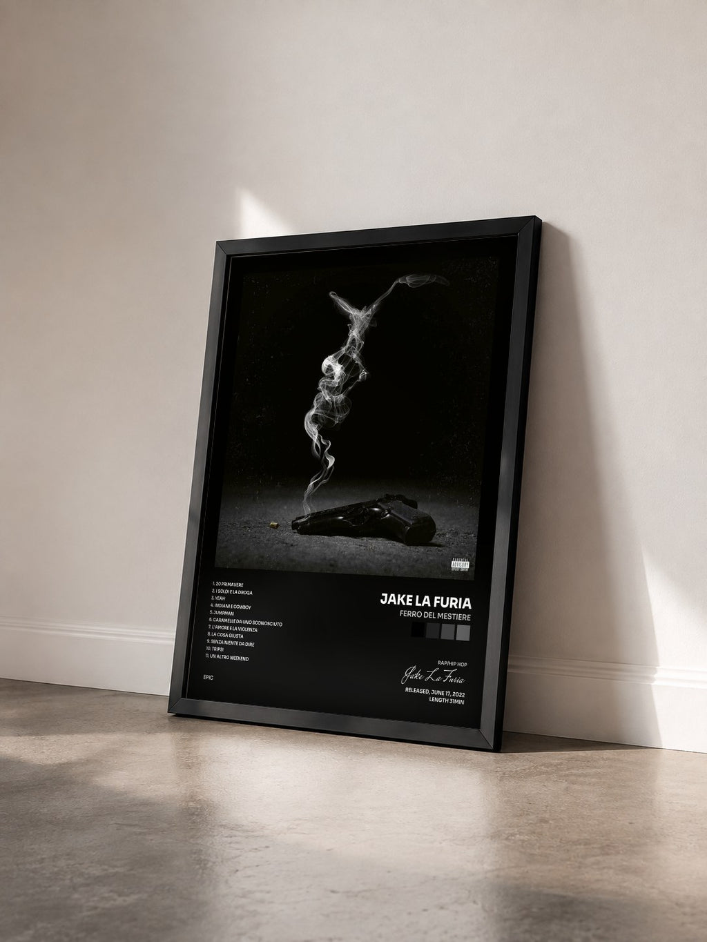 #noir Tableau de l'album Ferro del mestiere de Jake La Furia vu de trois quarts, cadre noir