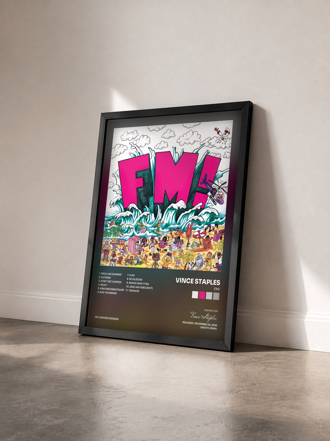 #noir Tableau de l'album FM! de Vince Staples vu de trois quarts, cadre noir
