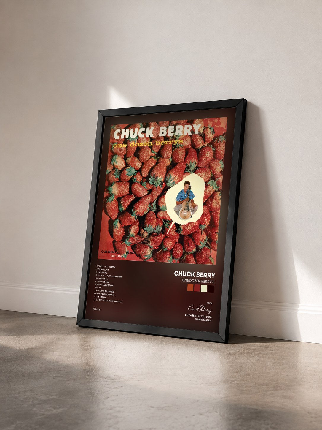 #noir Tableau de l'album One Dozen Berry's de Chuck Berry vu de trois quarts, cadre noir