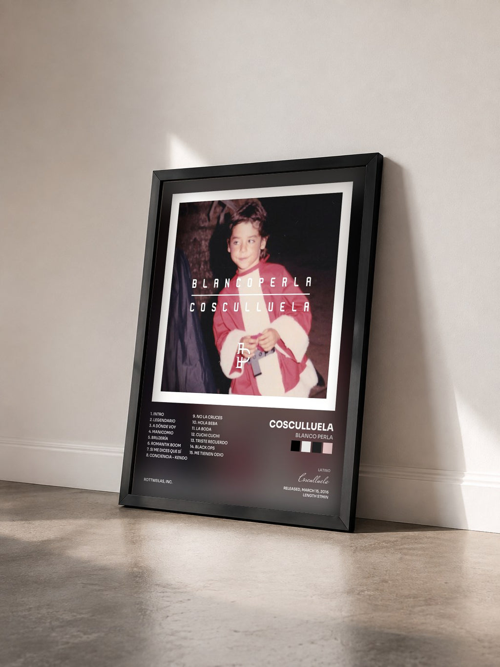 #noir Tableau de l'album Blanco Perla de Cosculluela vu de trois quarts, cadre noir