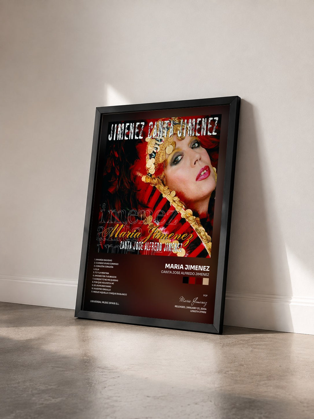 #noir Tableau de l'album Canta Jose Alfredo Jimenez de Maria Jimenez vu de trois quarts, cadre noir