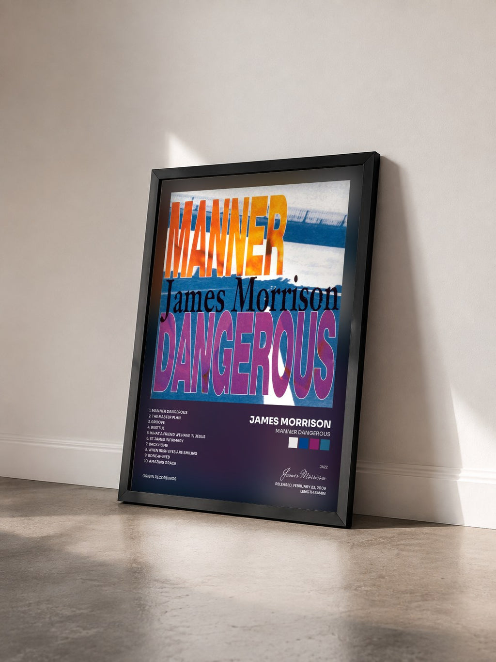 #noir Tableau de l'album Manner Dangerous de James Morrison vu de trois quarts, cadre noir