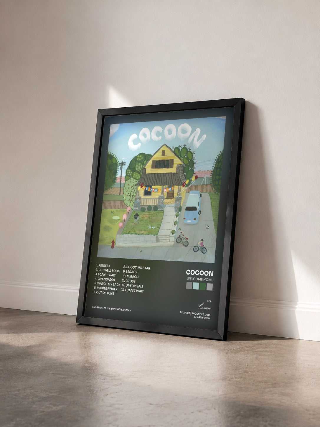 #noir Tableau de l'album Welcome Home de Cocoon vu de trois quarts, cadre noir