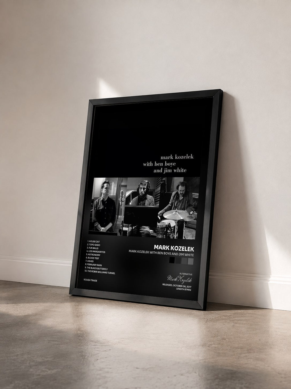 #noir Tableau de l'album mark kozelek with ben boye and jim white de Mark Kozelek vu de trois quarts, cadre noir