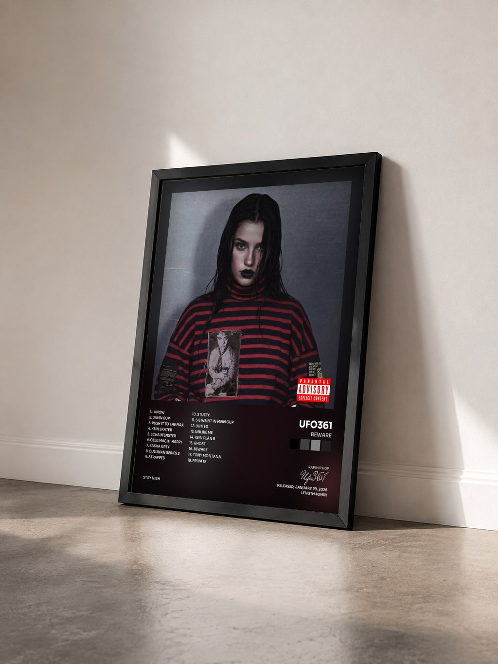 #noir Tableau de l'album BEWARE de Ufo361 vu de trois quarts, cadre noir