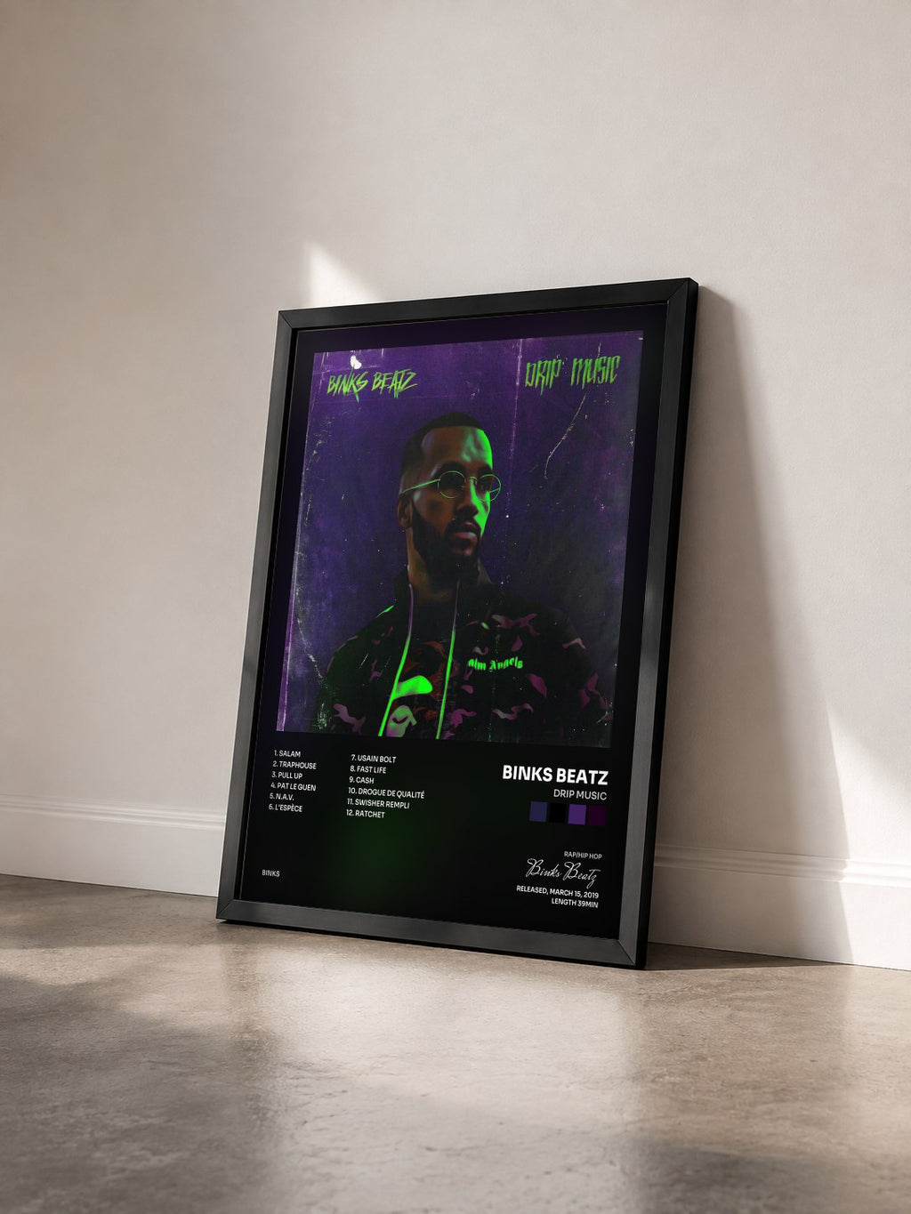 #noir Tableau de l'album Drip Music de Binks Beatz vu de trois quarts, cadre noir