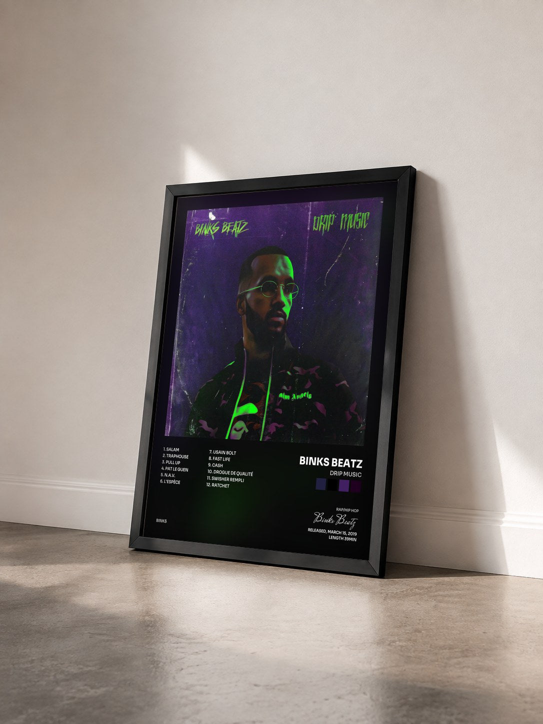 #noir Tableau de l'album Drip Music de Binks Beatz vu de trois quarts, cadre noir