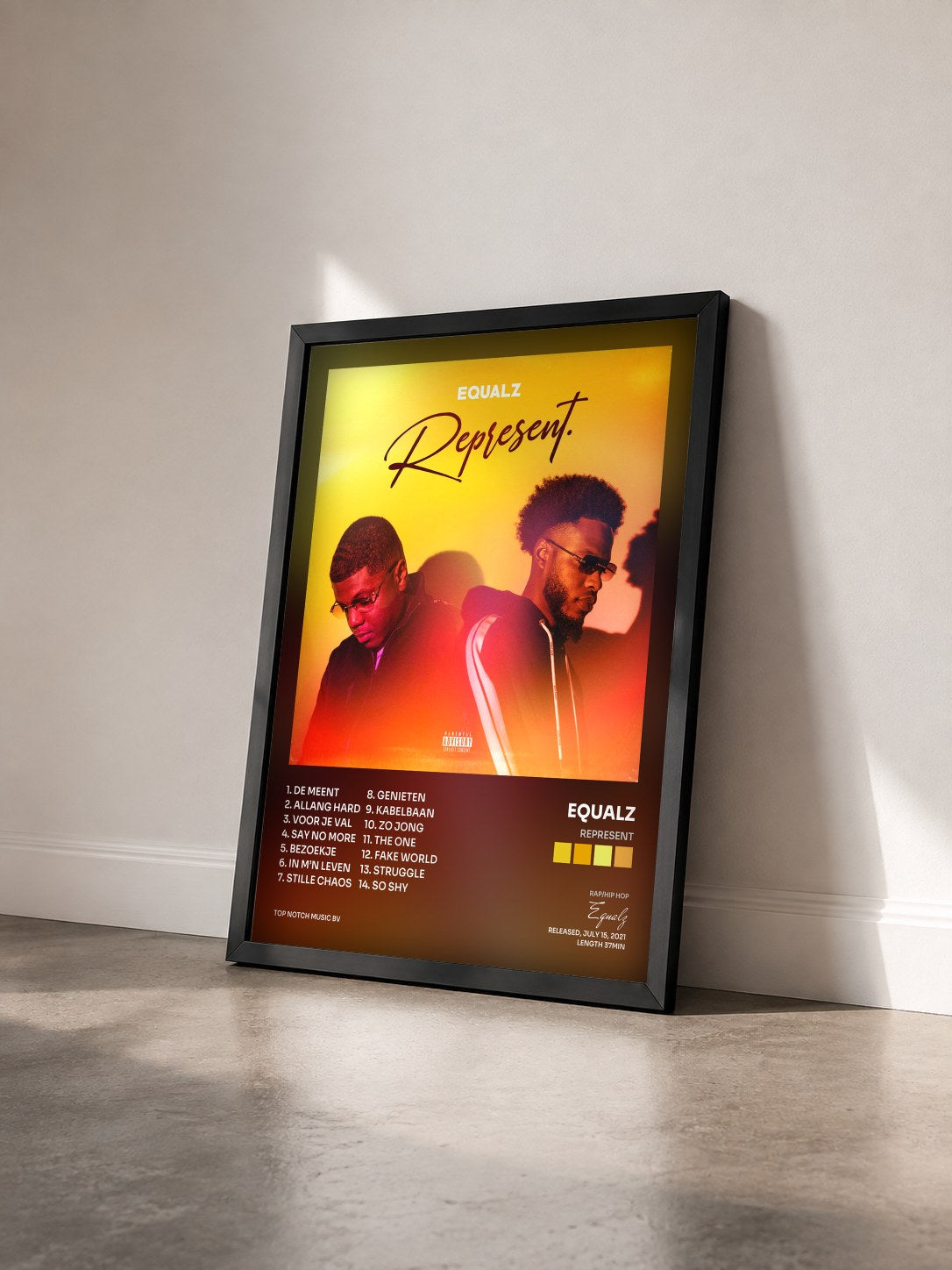 #noir Tableau de l'album Represent de Equalz vu de trois quarts, cadre noir