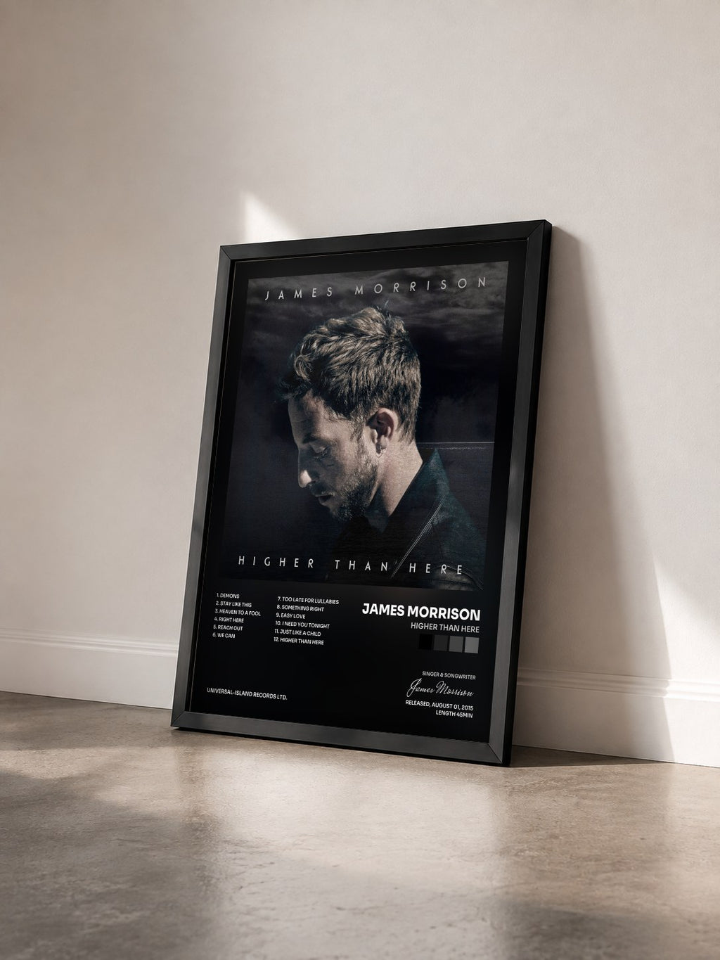 #noir Tableau de l'album Higher Than Here de James Morrison vu de trois quarts, cadre noir