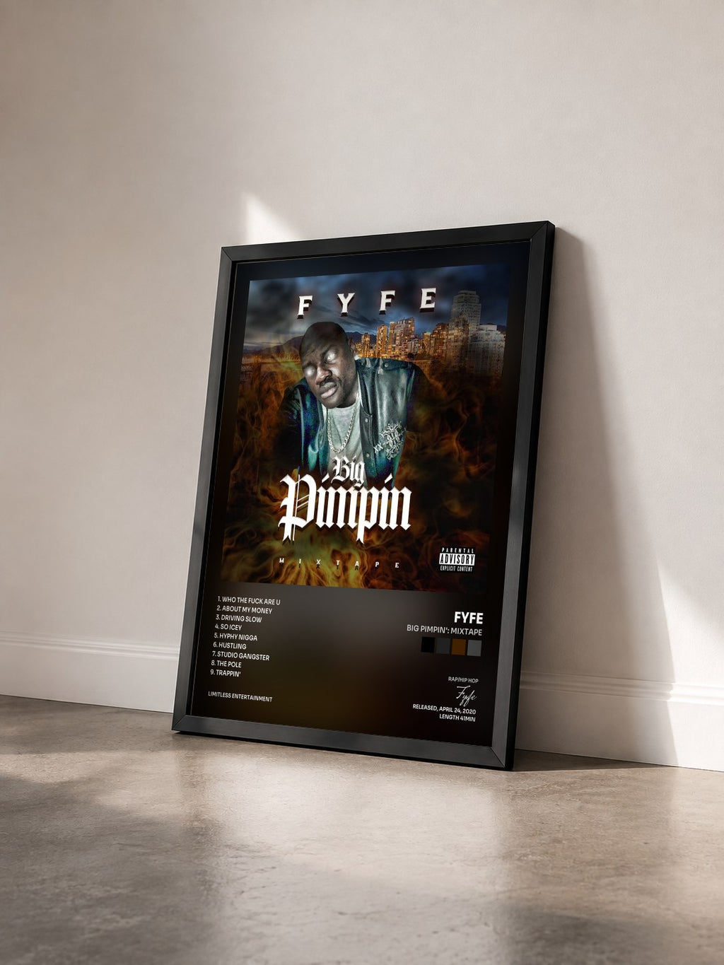 #noir Tableau de l'album Big Pimpin': Mixtape de Fyfe vu de trois quarts, cadre noir