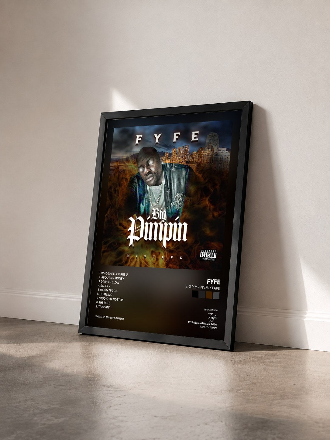 #noir Tableau de l'album Big Pimpin': Mixtape de Fyfe vu de trois quarts, cadre noir