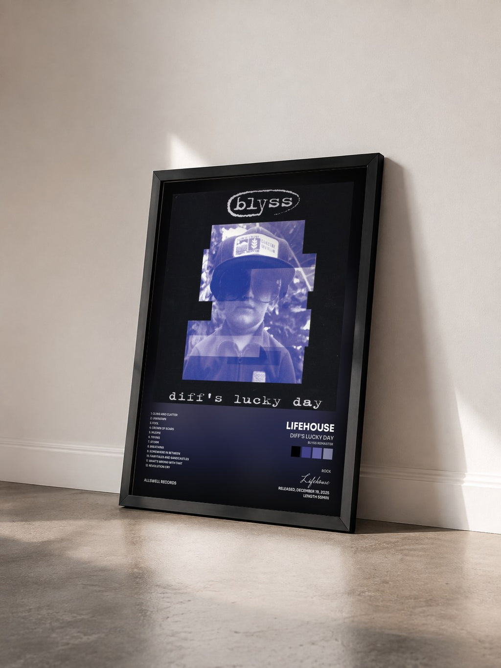#noir Tableau de l'album diff's lucky day (blyss remaster) de Lifehouse vu de trois quarts, cadre noir