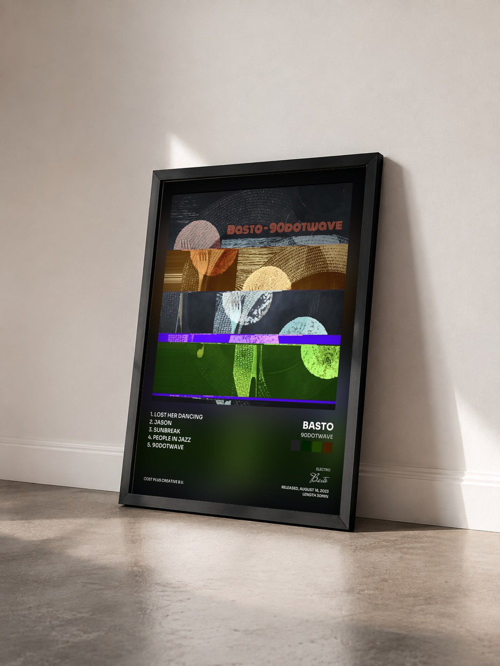 #noir Tableau de l'album 90DotWave de Basto vu de trois quarts, cadre noir