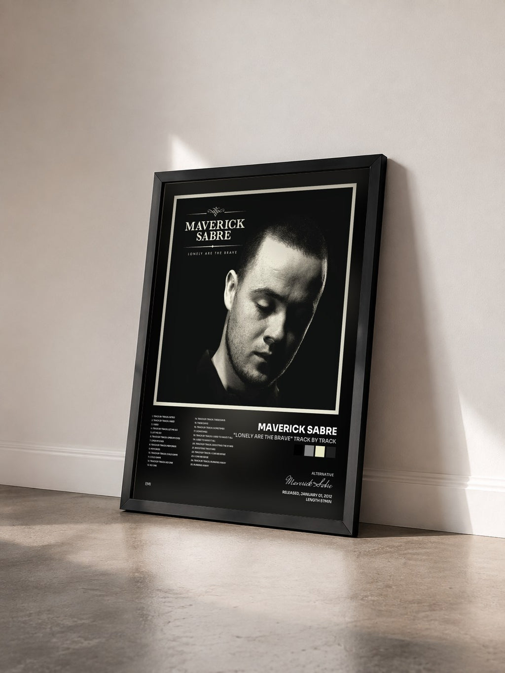 #noir Tableau de l'album "Lonely Are The Brave" Track By Track de Maverick Sabre vu de trois quarts, cadre noir