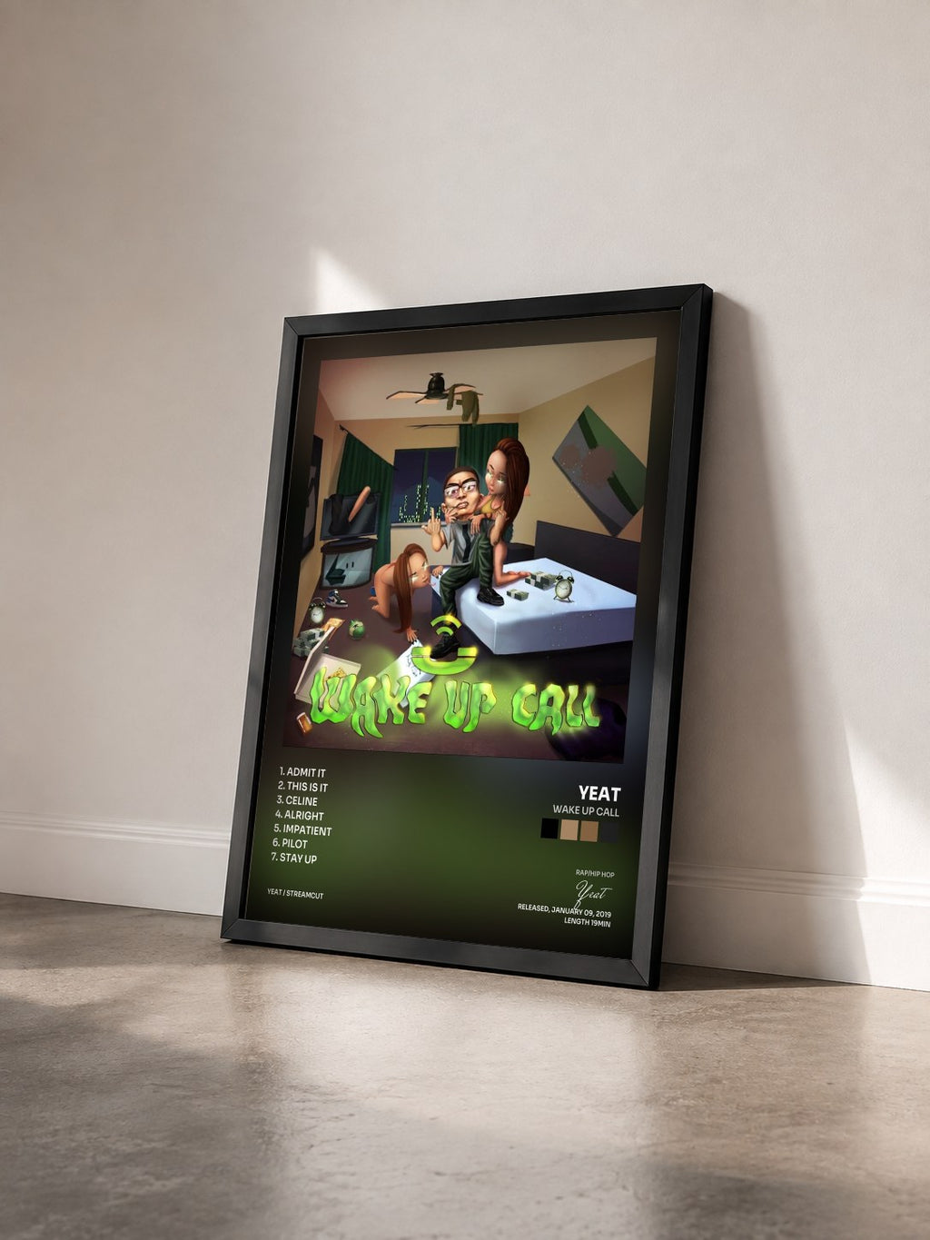 #noir Tableau de l'album Wake Up Call de Yeat vu de trois quarts, cadre noir