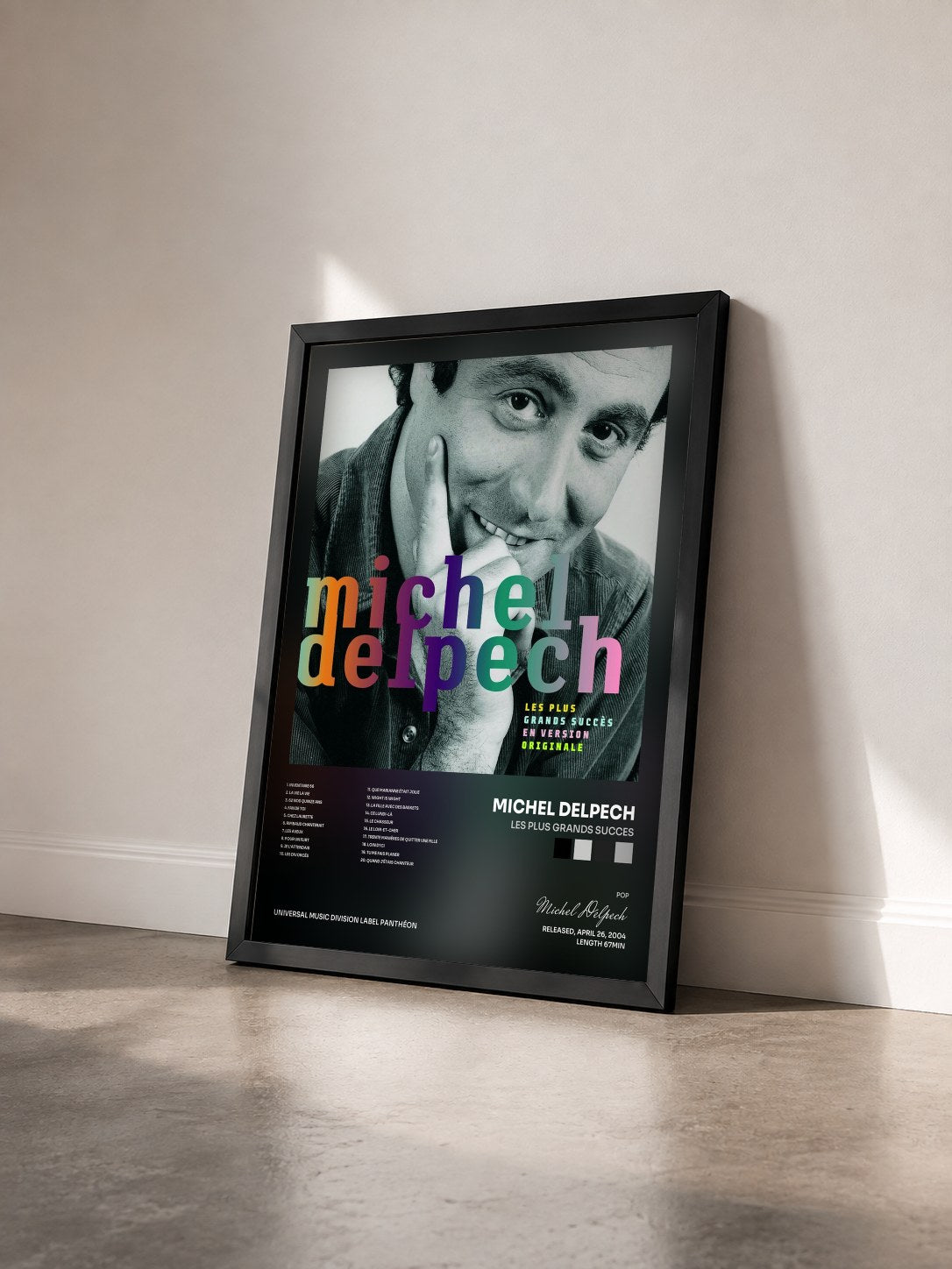 #noir Tableau de l'album Les Plus Grands Succes de Michel Delpech vu de trois quarts, cadre noir
