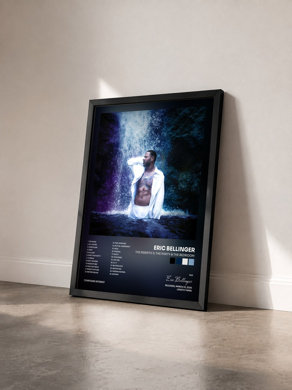 #noir The Rebirth 3: The Party & The Bedroom di Eric Bellinger in stampa incorniciata vista di tre quarti, cornice nera