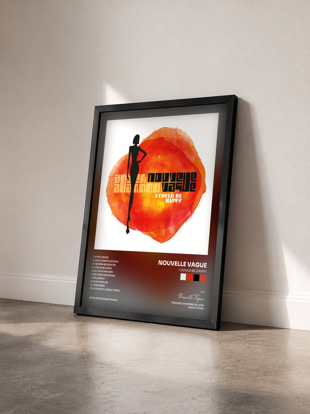 #noir Tableau de l'album I Could Be Happy de Nouvelle Vague vu de trois quarts, cadre noir
