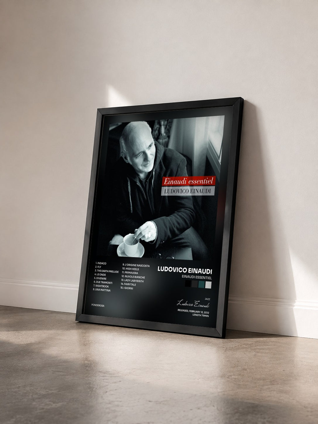 #noir Tableau de l'album Einaudi essentiel de Ludovico Einaudi vu de trois quarts, cadre noir