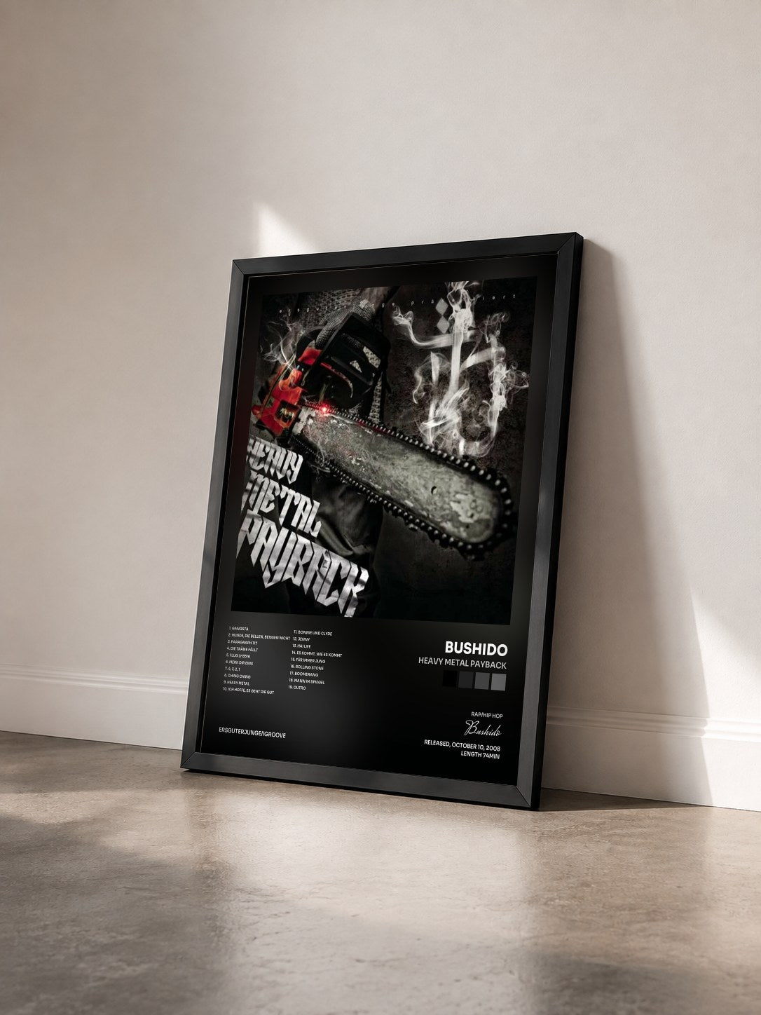 #noir Tableau de l'album Heavy Metal Payback de Bushido vu de trois quarts, cadre noir