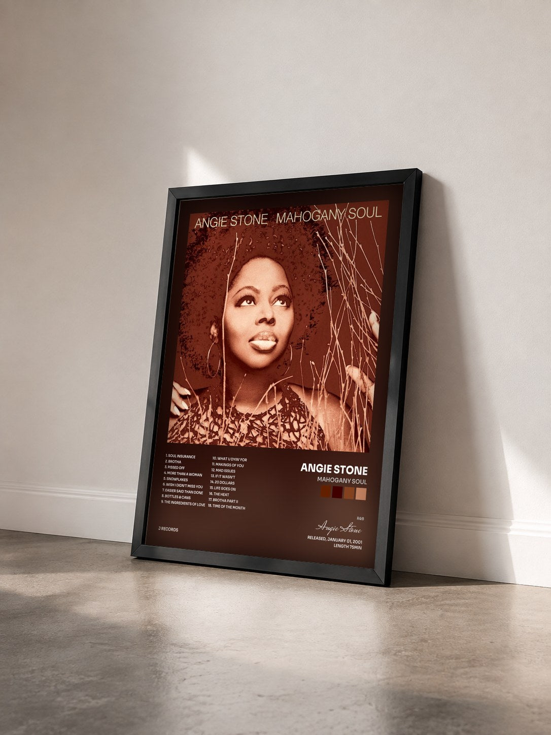 #noir Tableau de l'album Mahogany Soul de Angie Stone vu de trois quarts, cadre noir