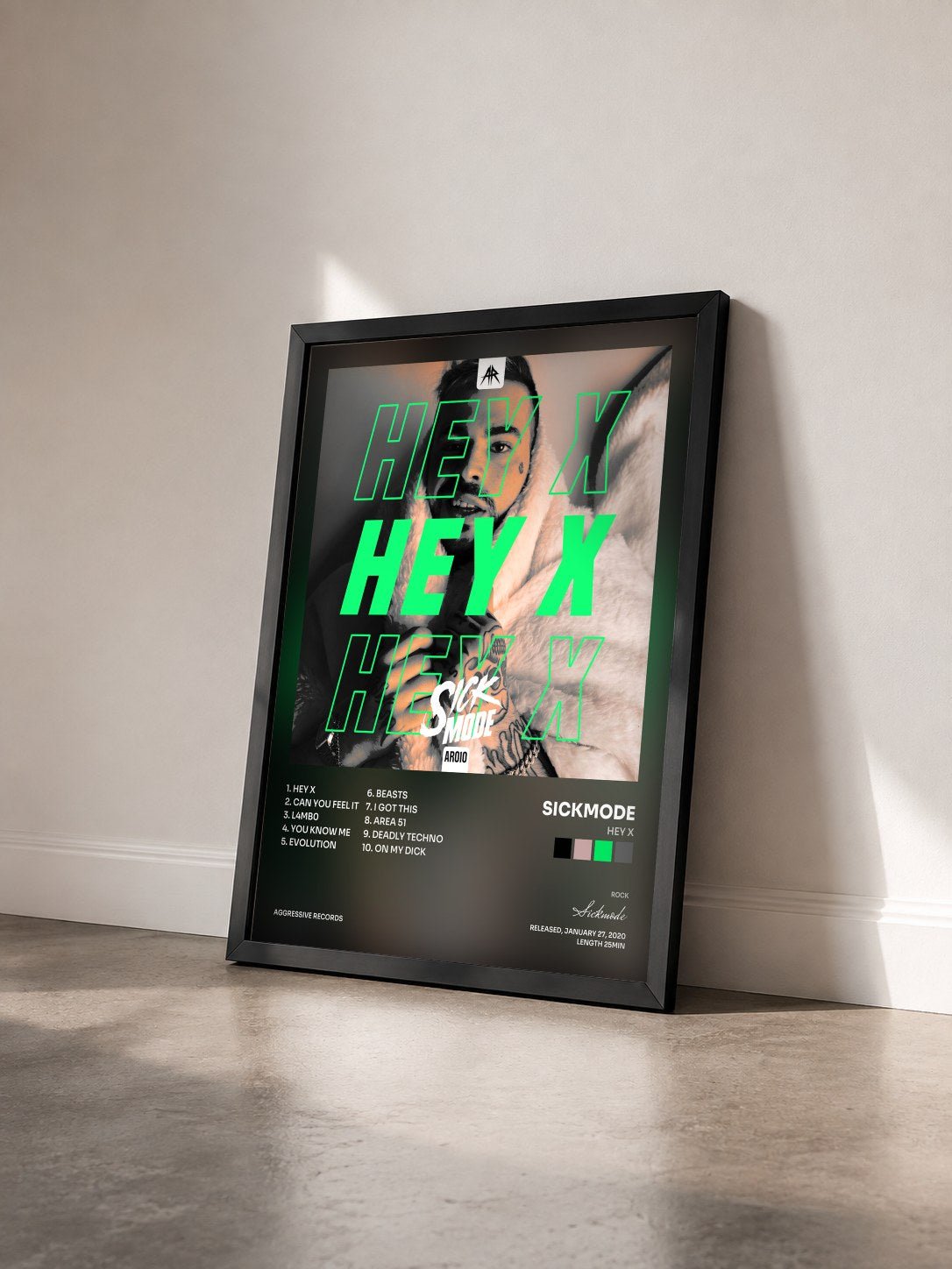 #noir Tableau de l'album Hey x de Sickmode vu de trois quarts, cadre noir