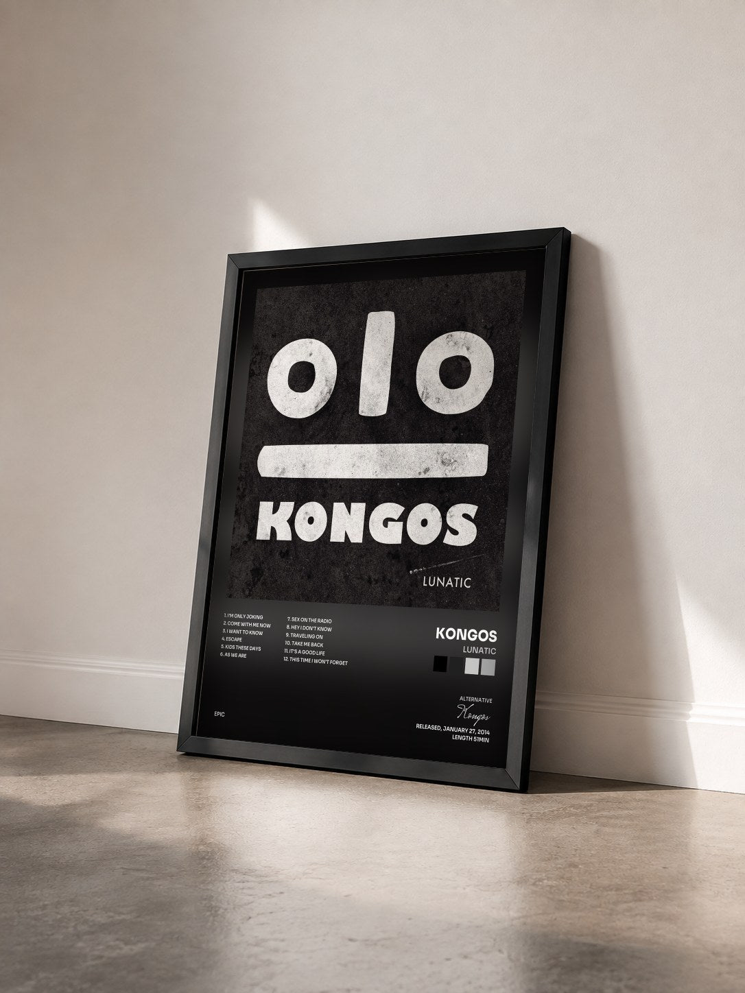 #noir Tableau de l'album Lunatic de Kongos vu de trois quarts, cadre noir