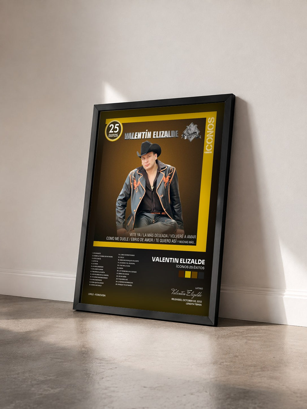 #noir Tableau de l'album Íconos 25 Éxitos de Valentin Elizalde vu de trois quarts, cadre noir
