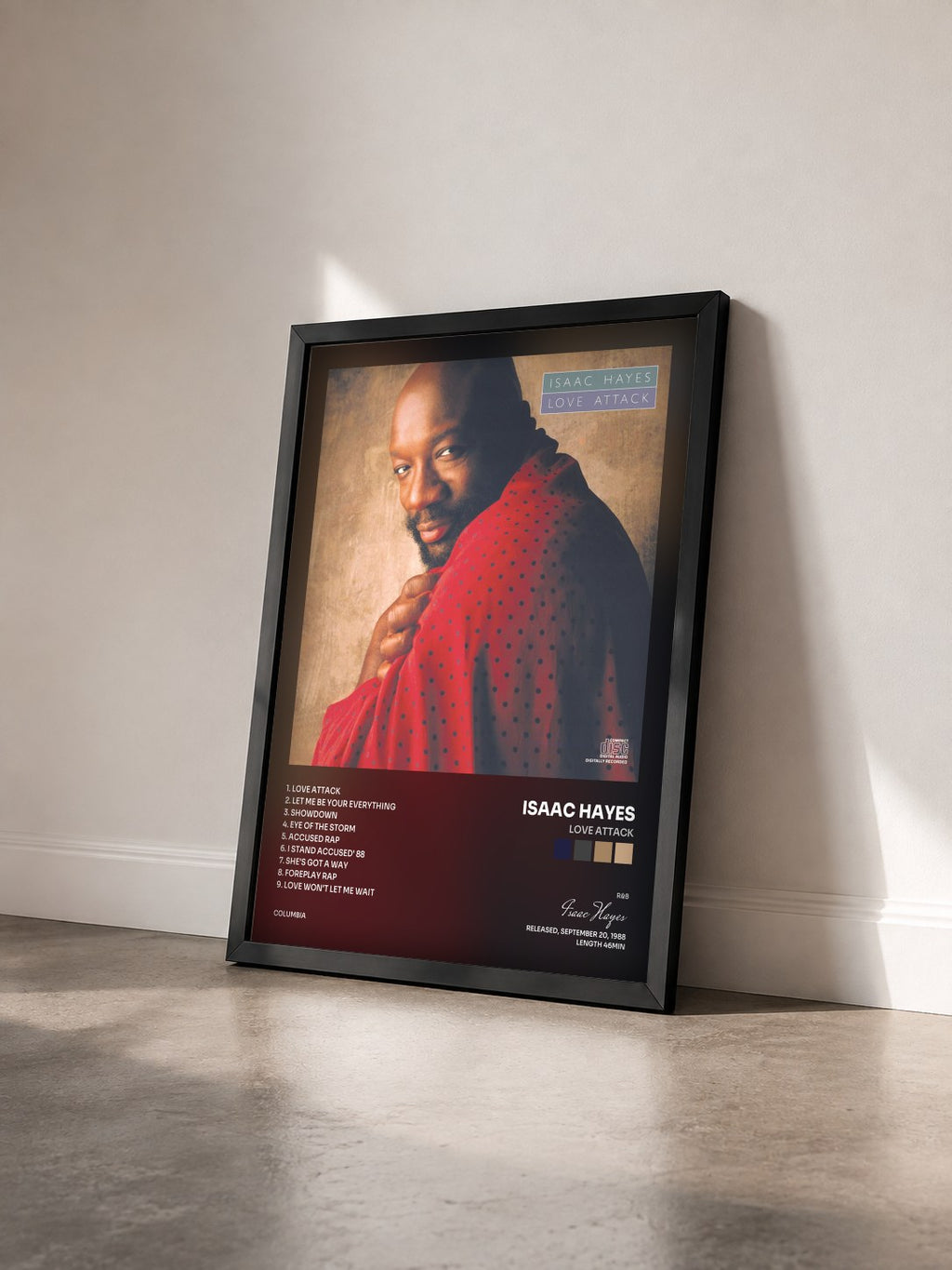 #noir Tableau de l'album Love Attack de Isaac Hayes vu de trois quarts, cadre noir
