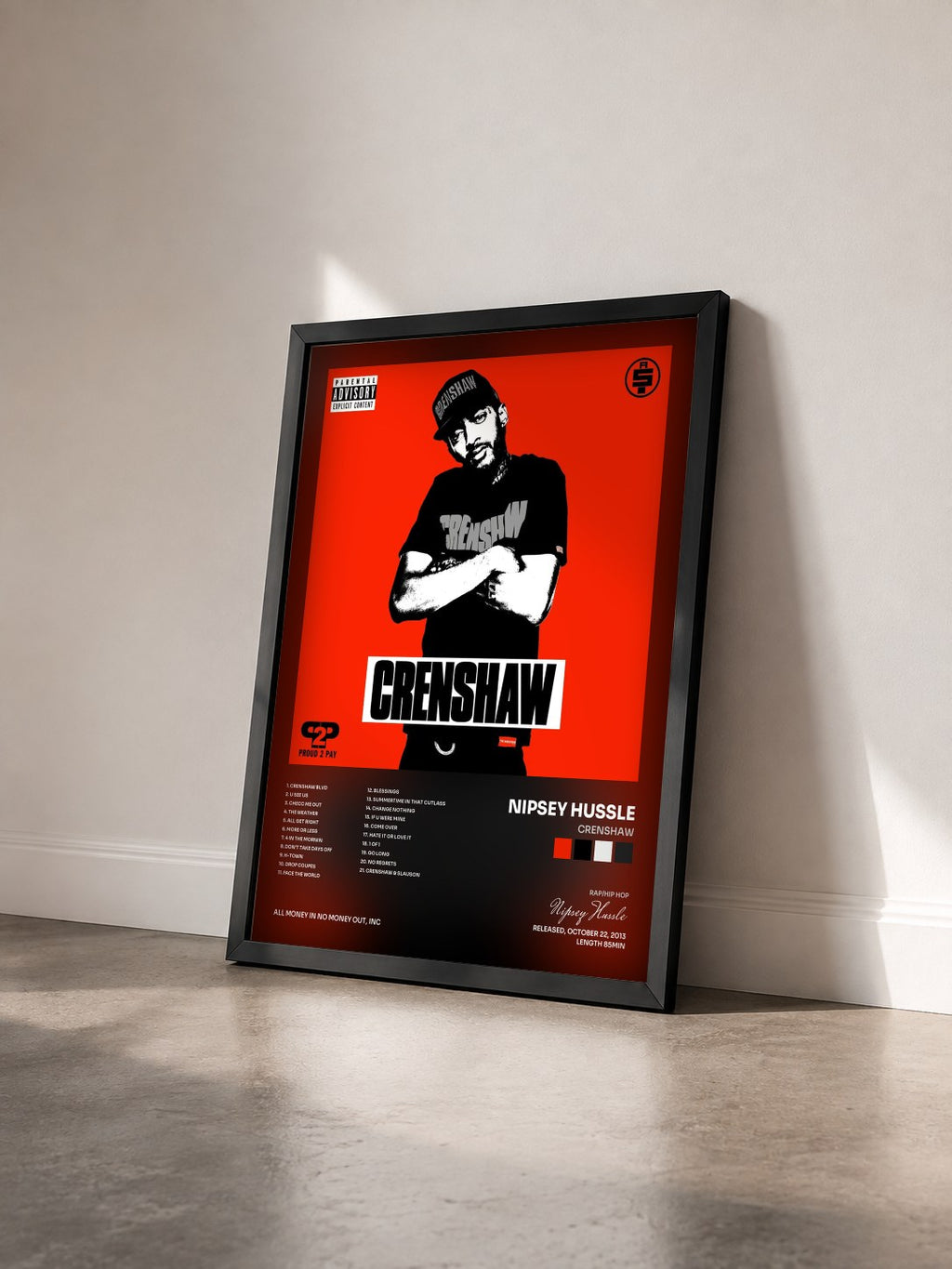 #noir Tableau de l'album Crenshaw de Nipsey Hussle vu de trois quarts, cadre noir