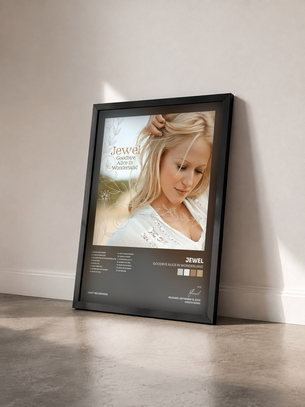 #noir Tableau de l'album Goodbye Alice In Wonderland de Jewel vu de trois quarts, cadre noir