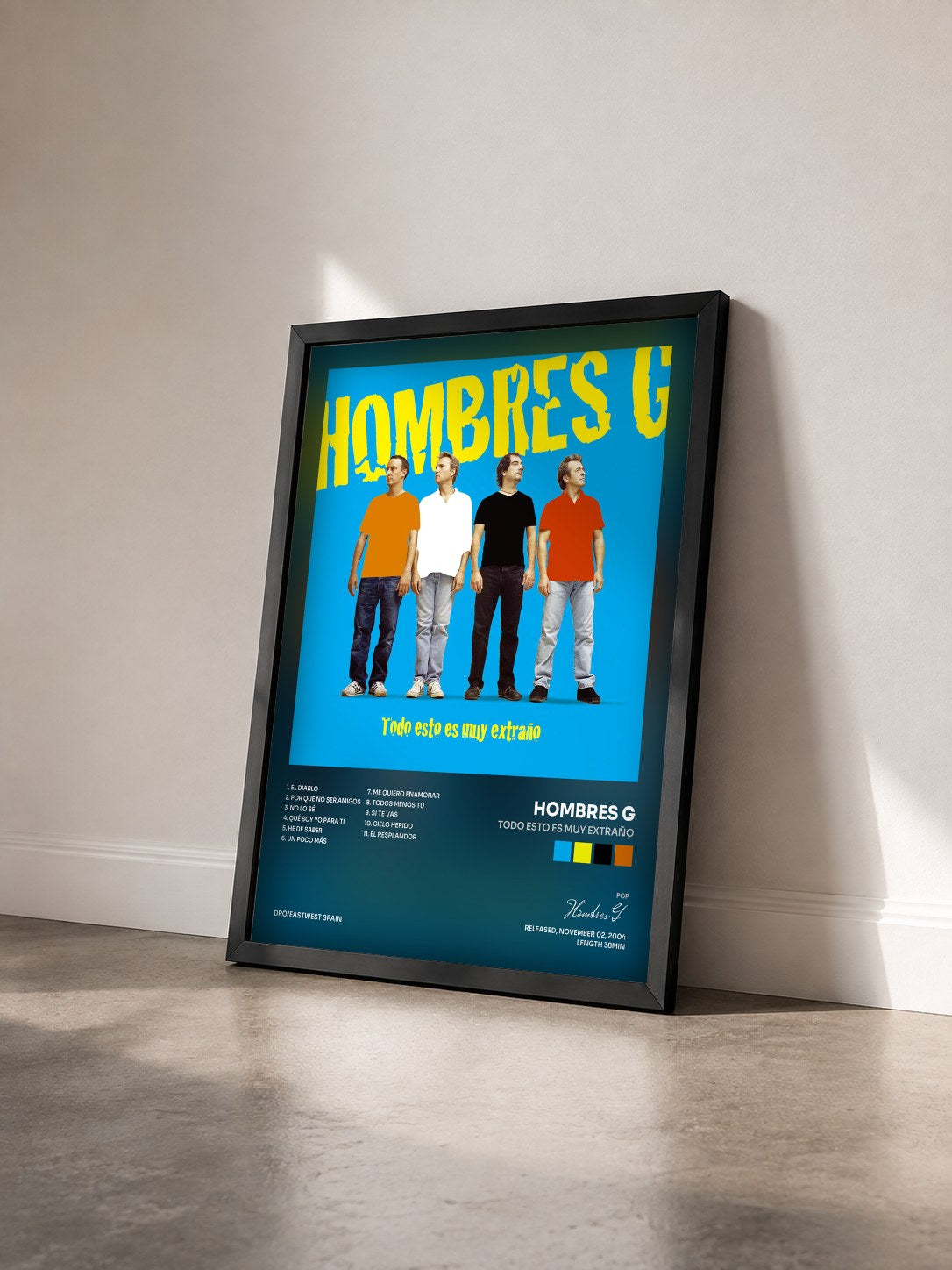 #noir Tableau de l'album Todo esto es muy extraño de Hombres G vu de trois quarts, cadre noir