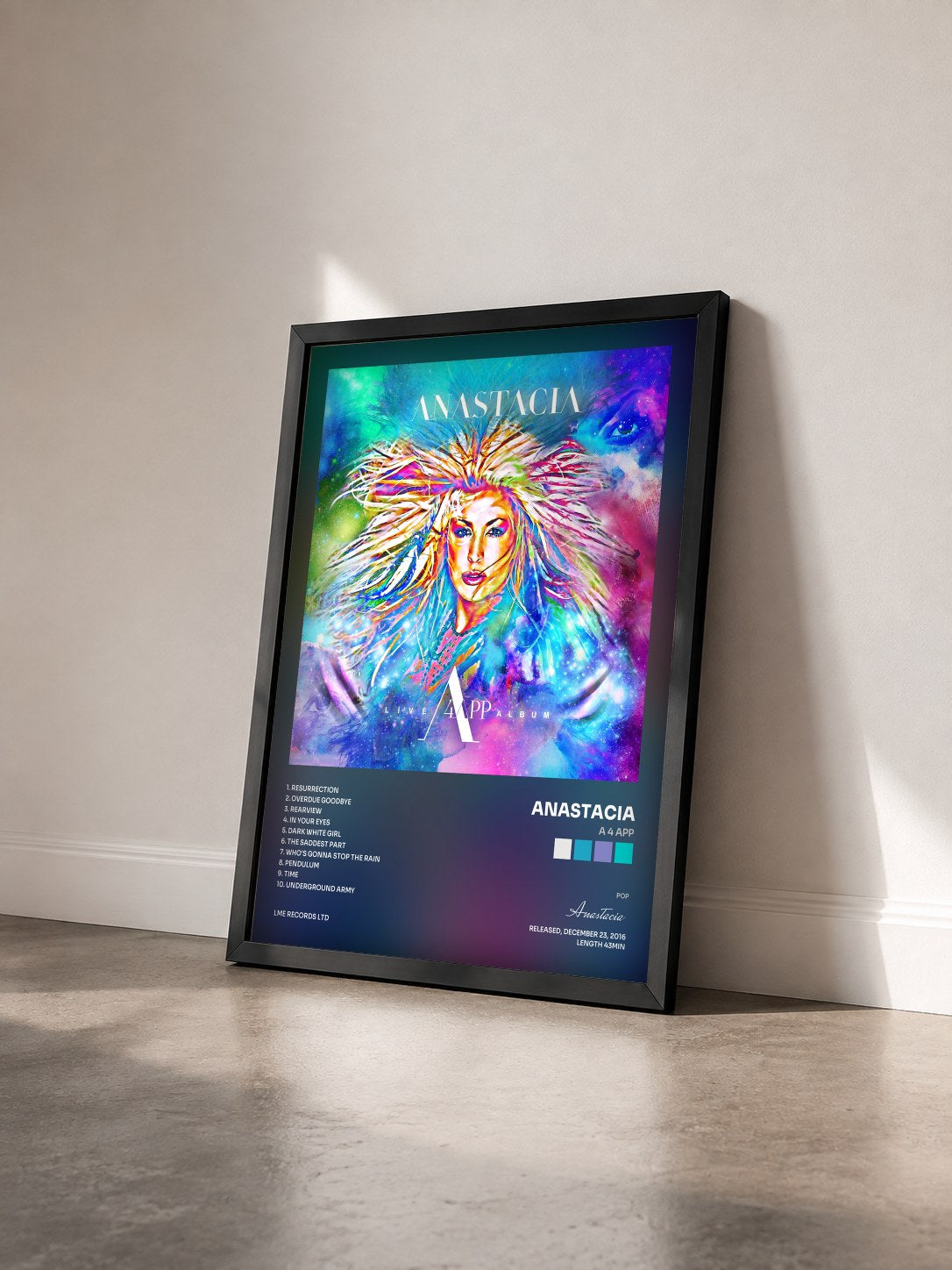 #noir Tableau de l'album A 4 APP de Anastacia vu de trois quarts, cadre noir