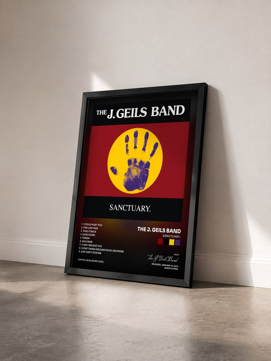 #noir Tableau de l'album Sanctuary. de The J. Geils Band vu de trois quarts, cadre noir
