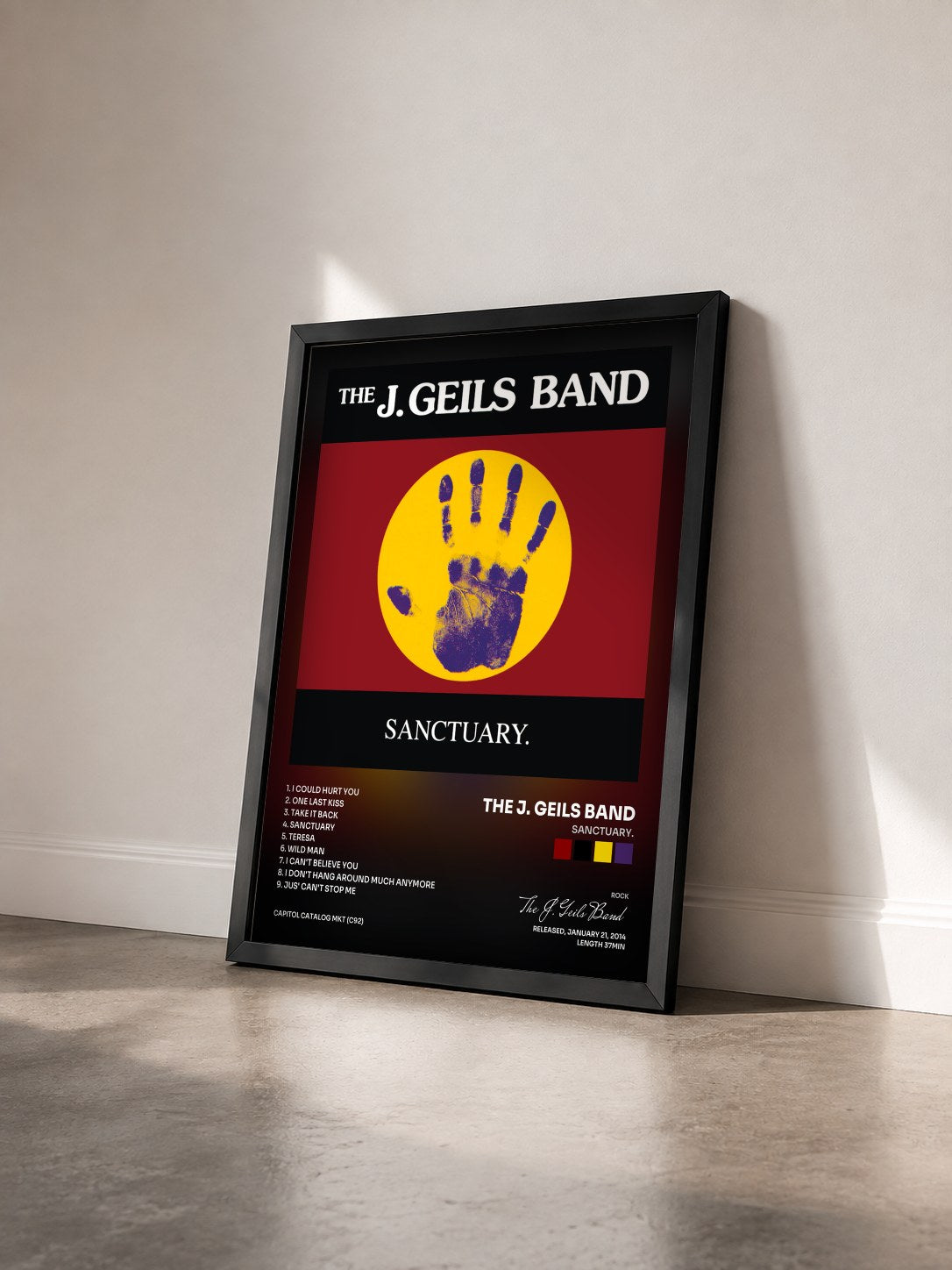 #noir Tableau de l'album Sanctuary. de The J. Geils Band vu de trois quarts, cadre noir