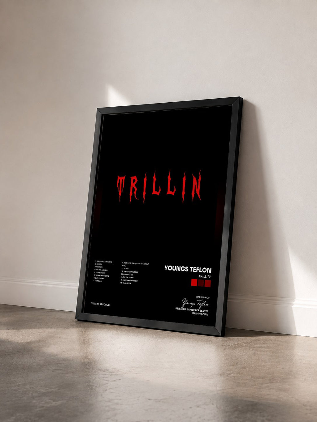 #noir Tableau de l'album Trillin' de Youngs Teflon vu de trois quarts, cadre noir