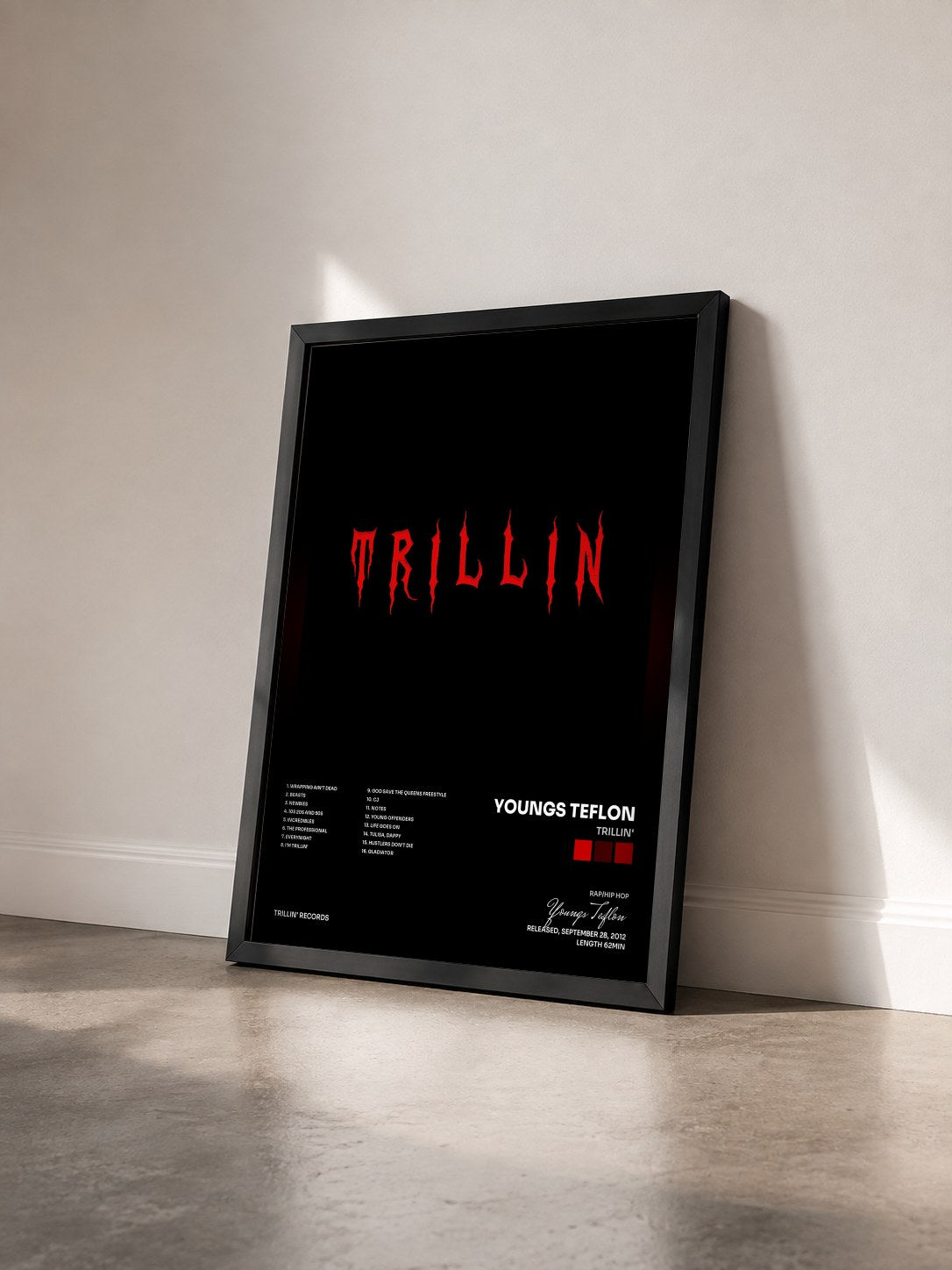 #noir Tableau de l'album Trillin' de Youngs Teflon vu de trois quarts, cadre noir