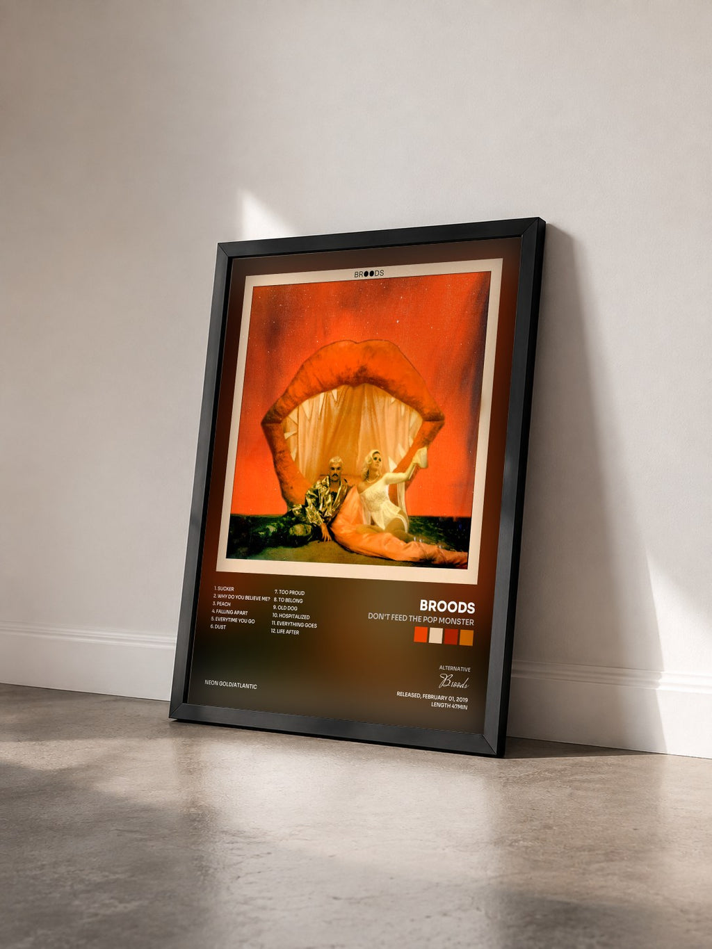 #noir Tableau de l'album Don't Feed The Pop Monster de Broods vu de trois quarts, cadre noir