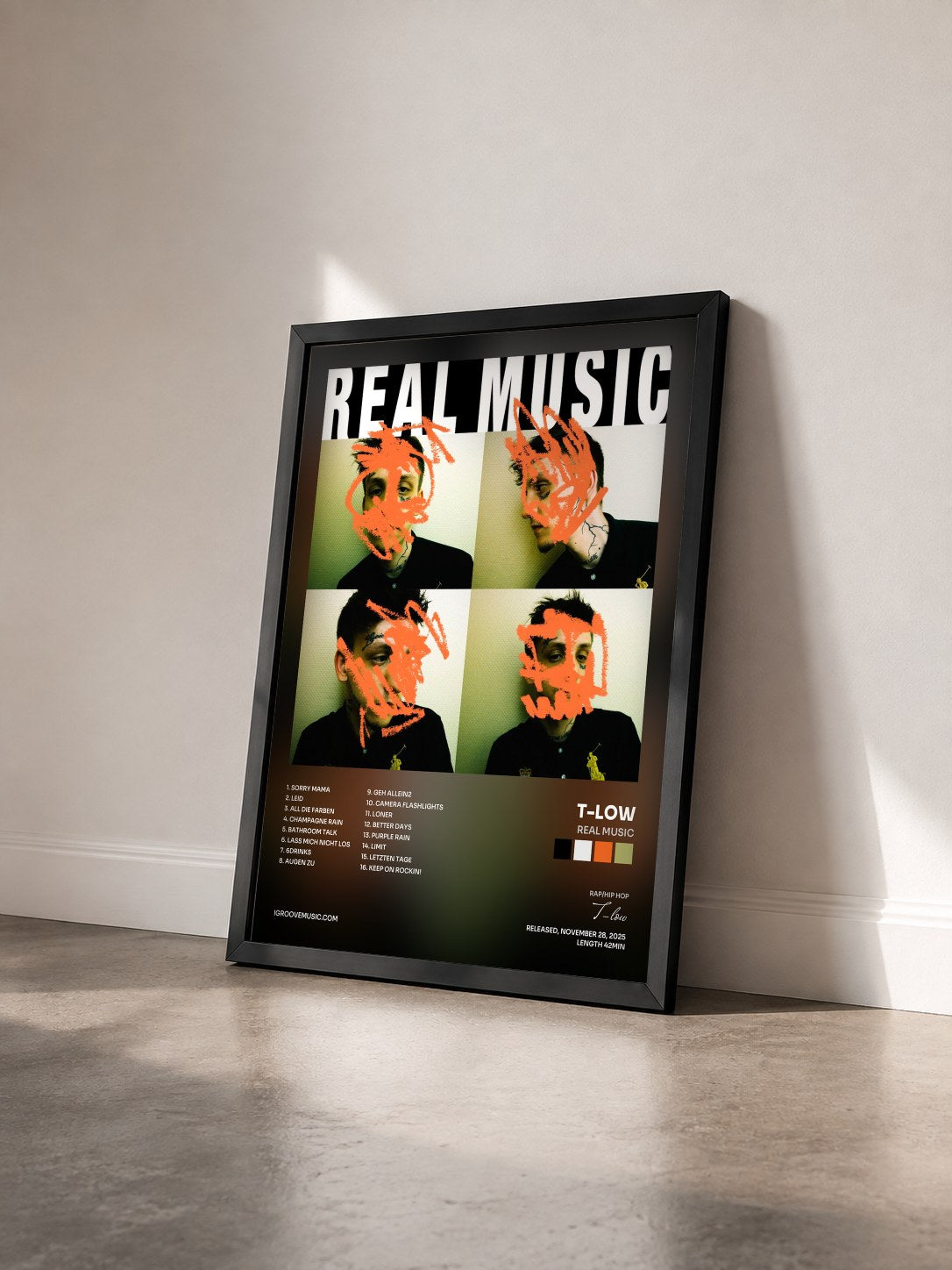 #noir Tableau de l'album REAL MUSIC de T-low vu de trois quarts, cadre noir