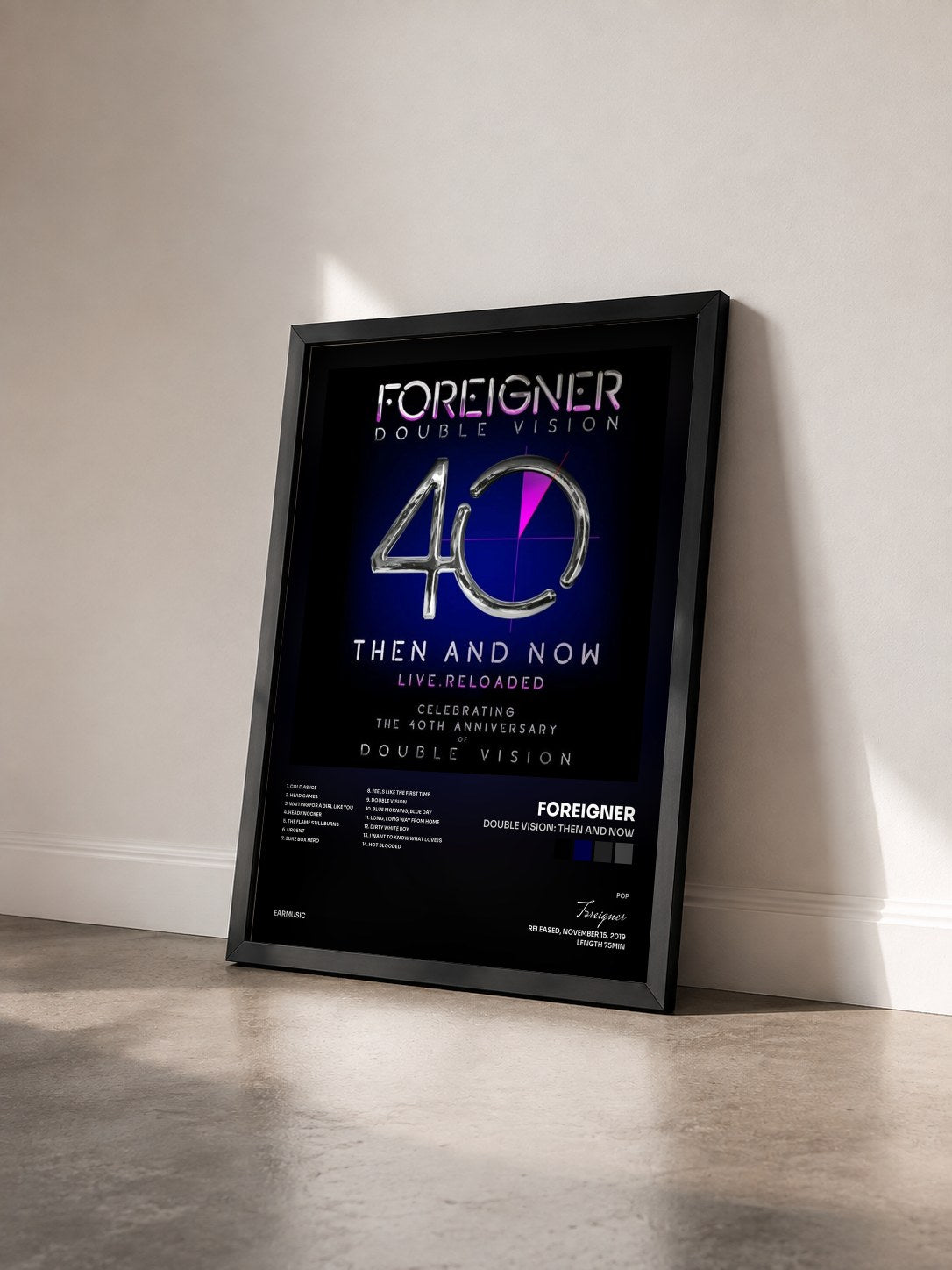 #noir Tableau de l'album Double Vision: Then and Now de Foreigner vu de trois quarts, cadre noir