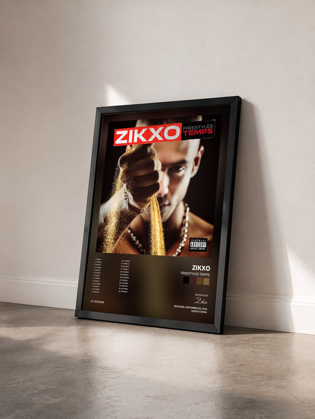 #noir Tableau de l'album Freestyles Temps de Zikxo vu de trois quarts, cadre noir