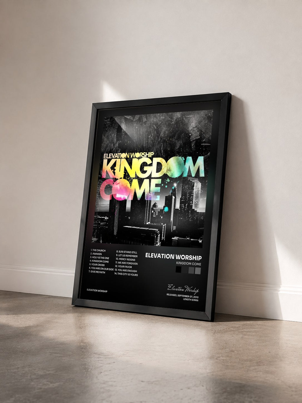 #noir Tableau de l'album Kingdom Come de Elevation Worship vu de trois quarts, cadre noir