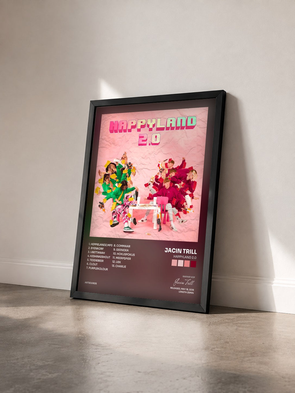 #noir Tableau de l'album Happyland 2.0 de Jacin Trill vu de trois quarts, cadre noir